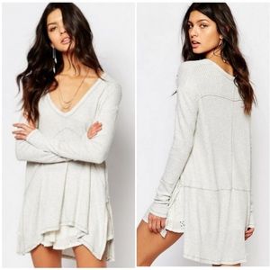 FREE PEOPLE V Neck Waffle Knit Thermal Long Sleeve Top